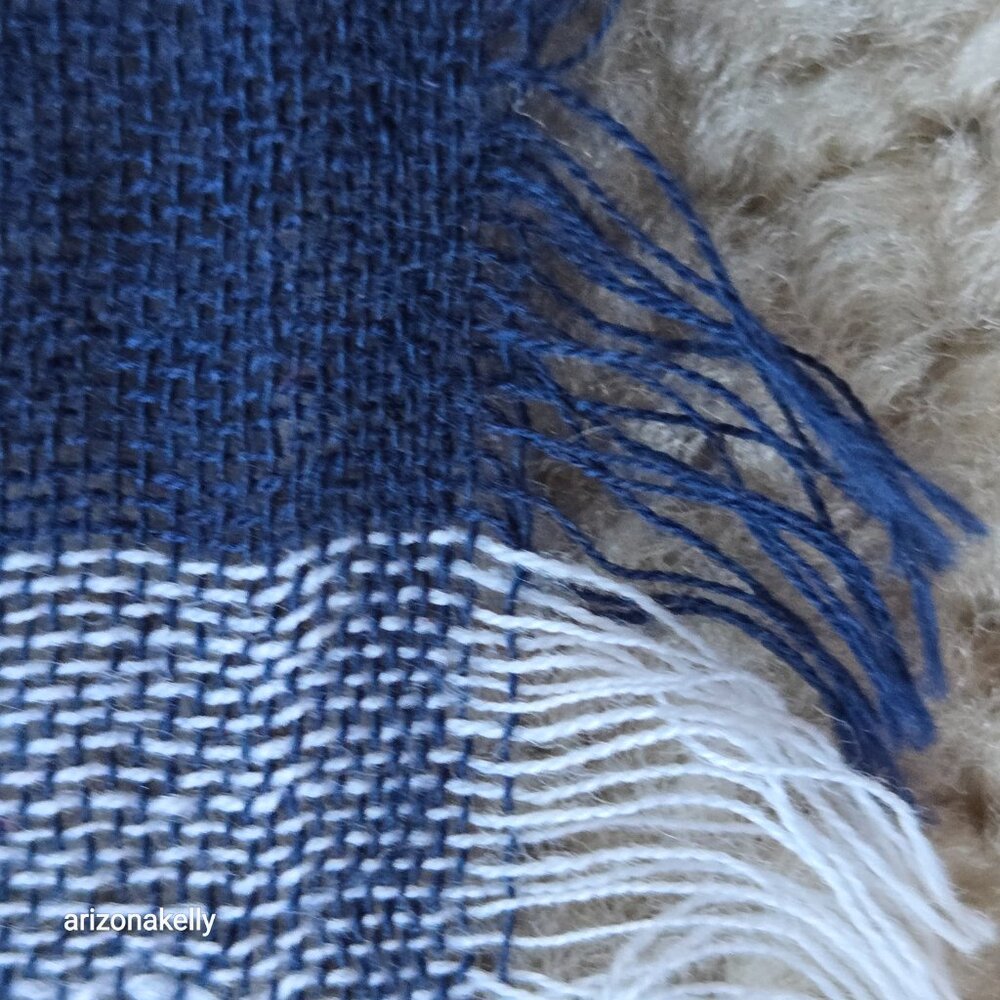 Large Wool Square Scarf Lightweight Buffalo Plaid Navy & White - Picture 5 of 7